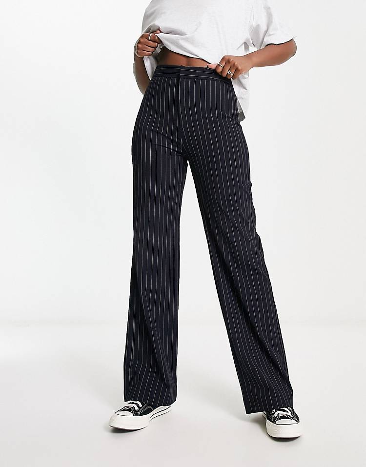 Stradivarius wide leg tailored pants in navy pinstripe